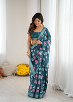 SHYAMIKA Linen Patta Printed Saree with Blouse