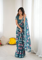 SHYAMIKA Linen Patta Printed Saree with Blouse
