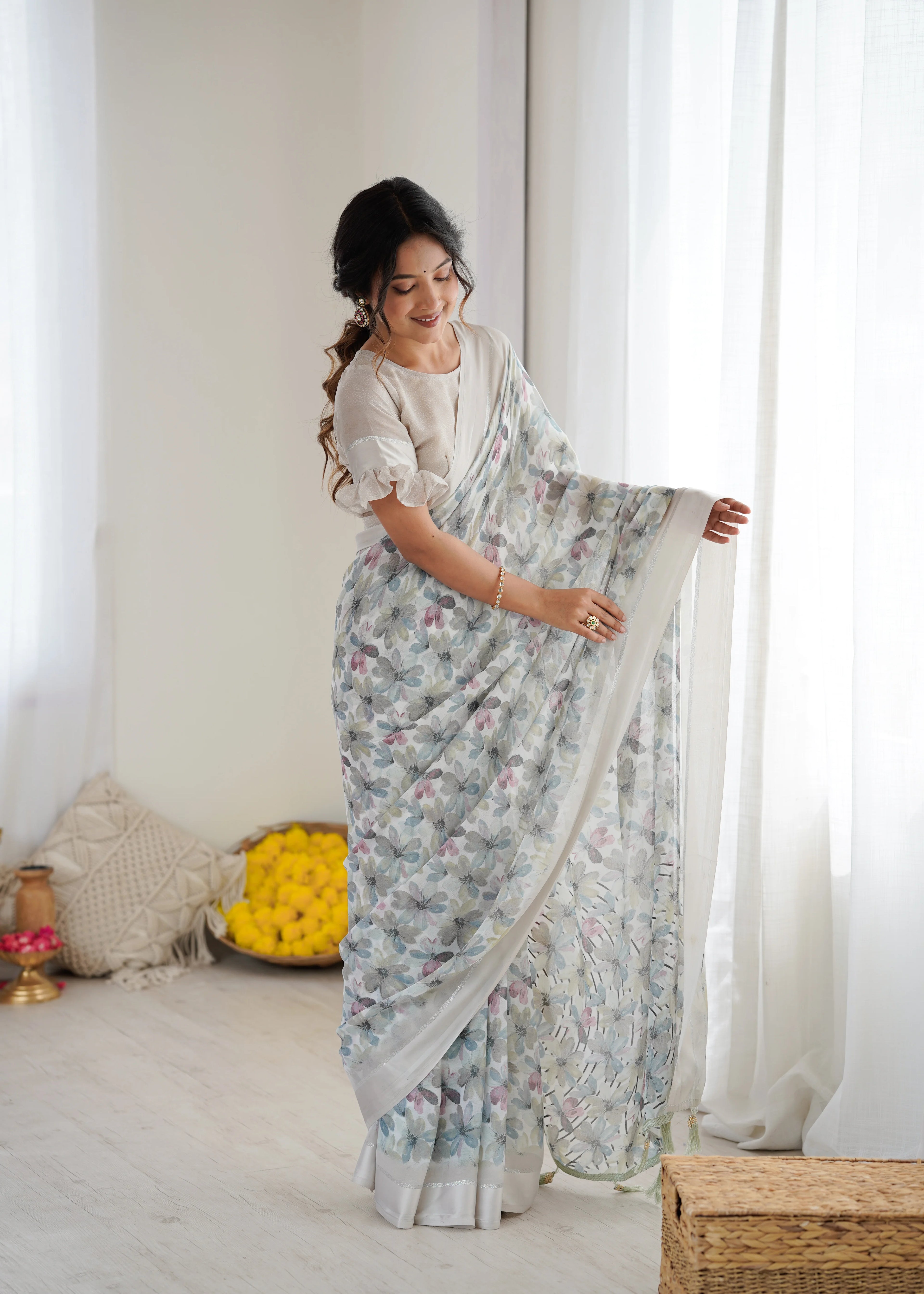 SHYAMIKA Bright Moss Satin Patta Printed Grey Saree with Blouse
