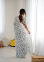 SHYAMIKA Bright Moss Satin Patta Printed Grey Saree with Blouse