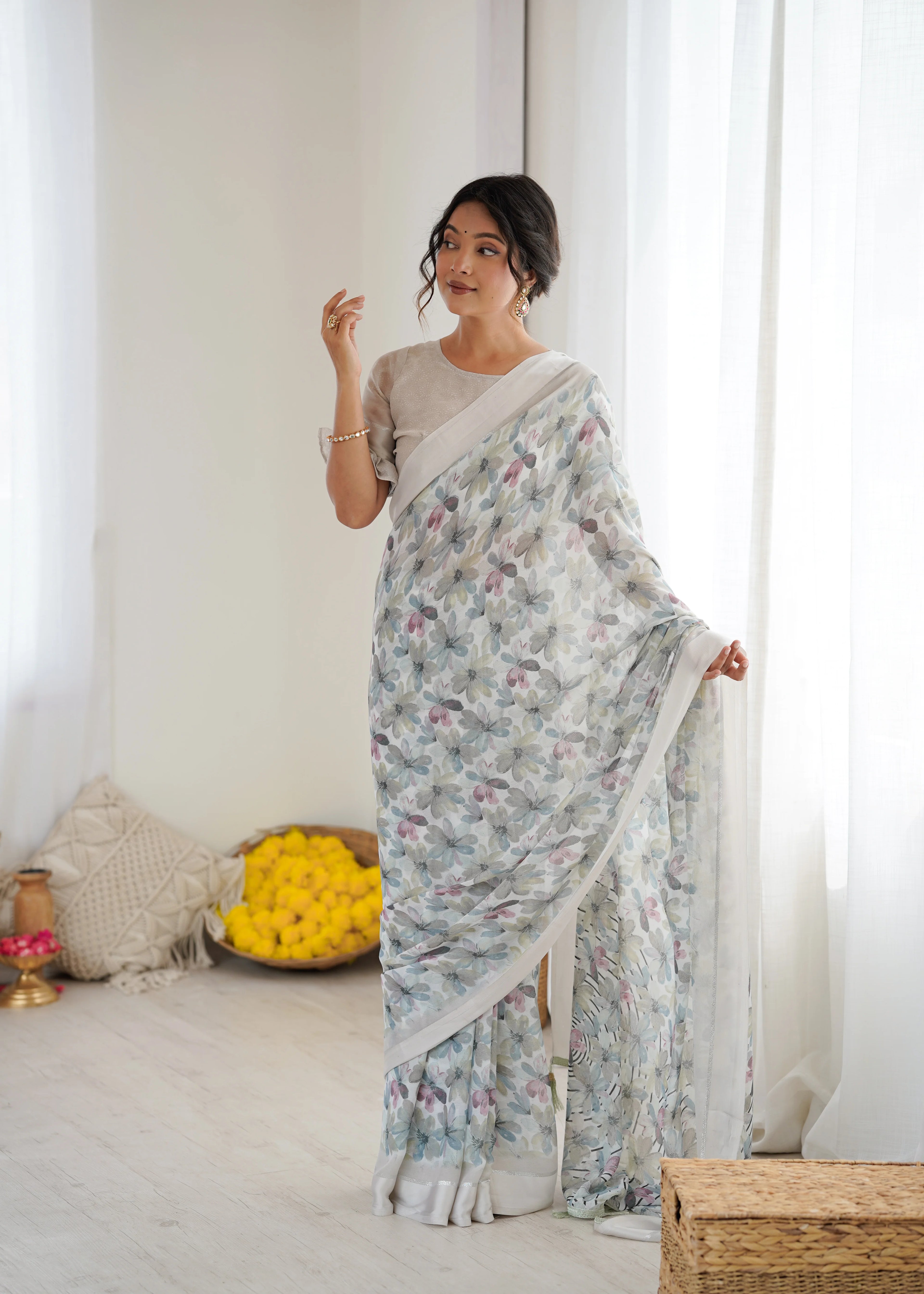 SHYAMIKA Bright Moss Satin Patta Printed Grey Saree with Blouse