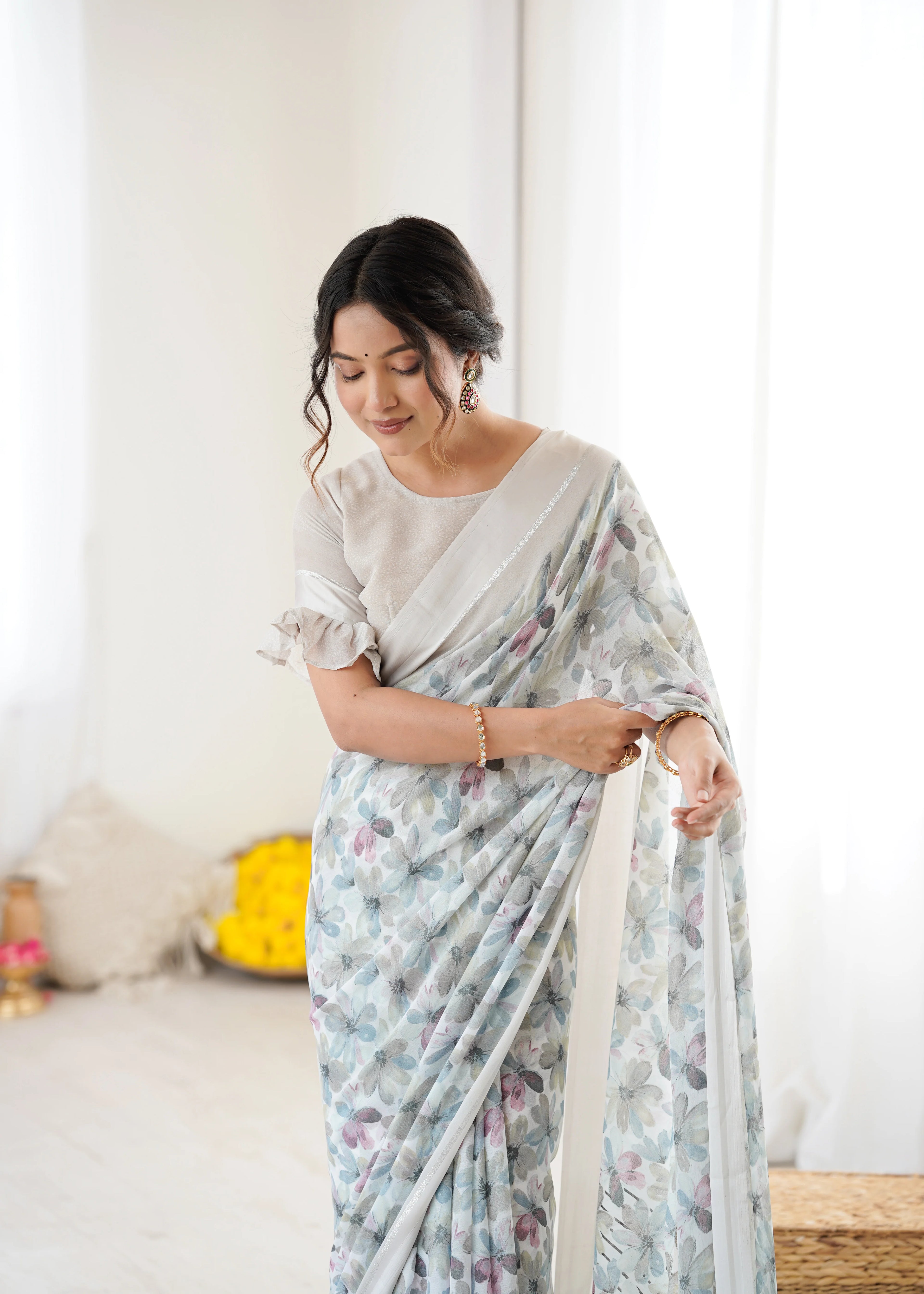 SHYAMIKA Bright Moss Satin Patta Printed Grey Saree with Blouse