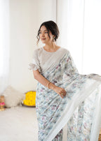 SHYAMIKA Bright Moss Satin Patta Printed Grey Saree with Blouse