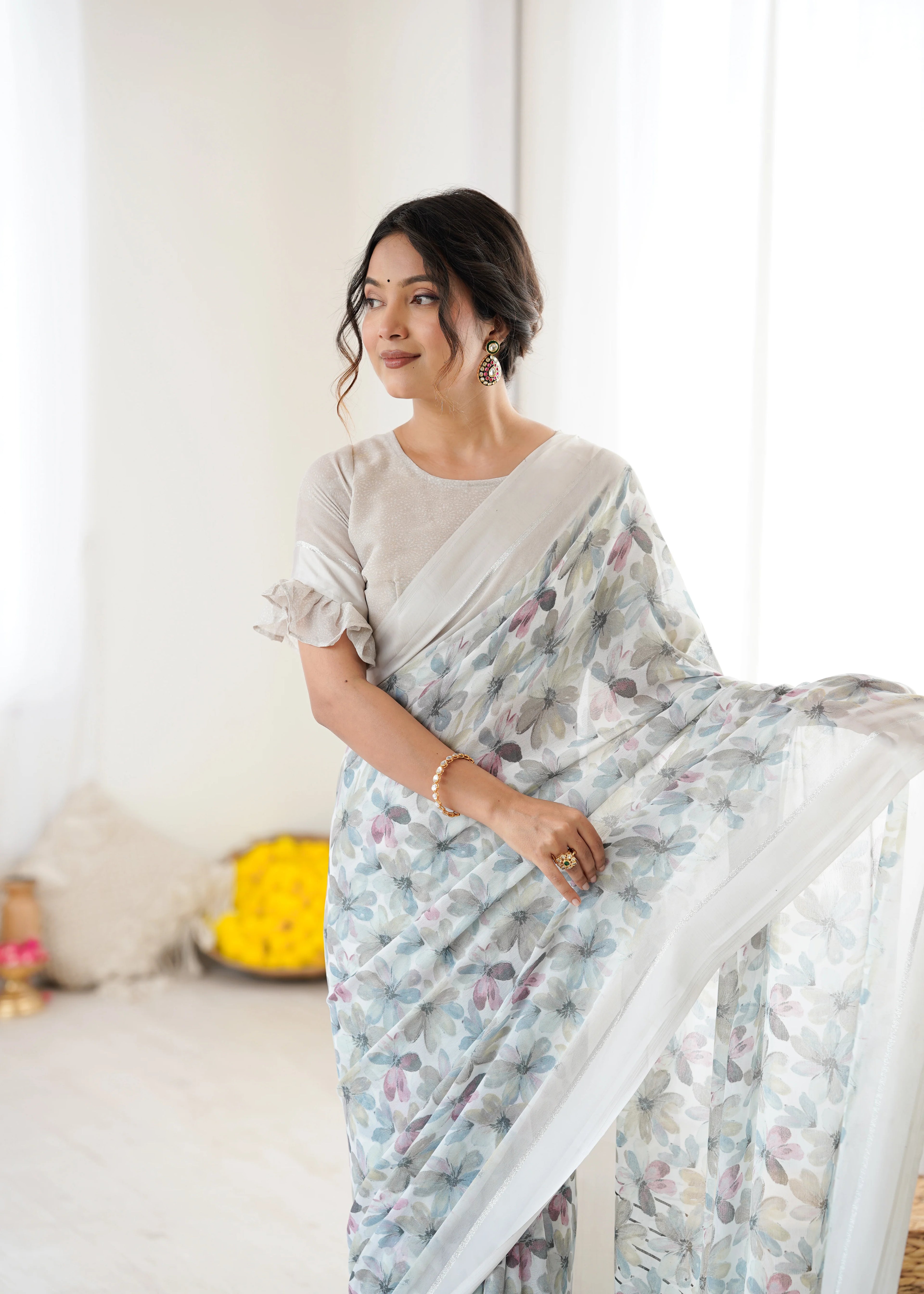 SHYAMIKA Bright Moss Satin Patta Printed Grey Saree with Blouse