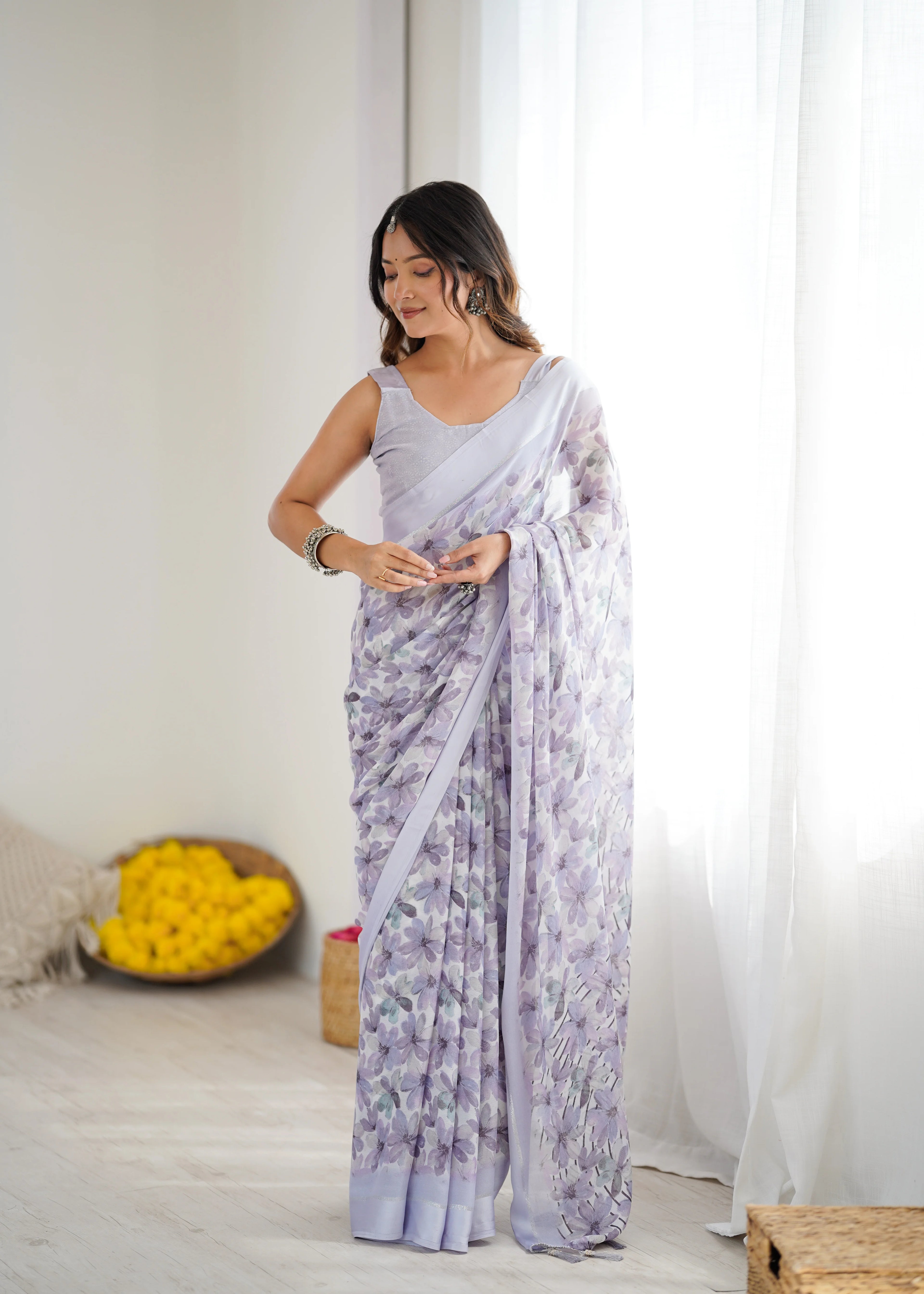 SHYAMIKA Bright Moss Satin Patta Printed Light Purple Saree with Blouse