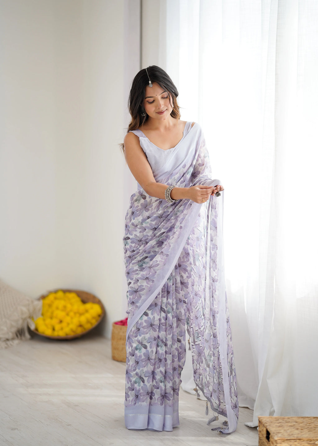 SHYAMIKA Bright Moss Satin Patta Printed Light Purple Saree with Blouse