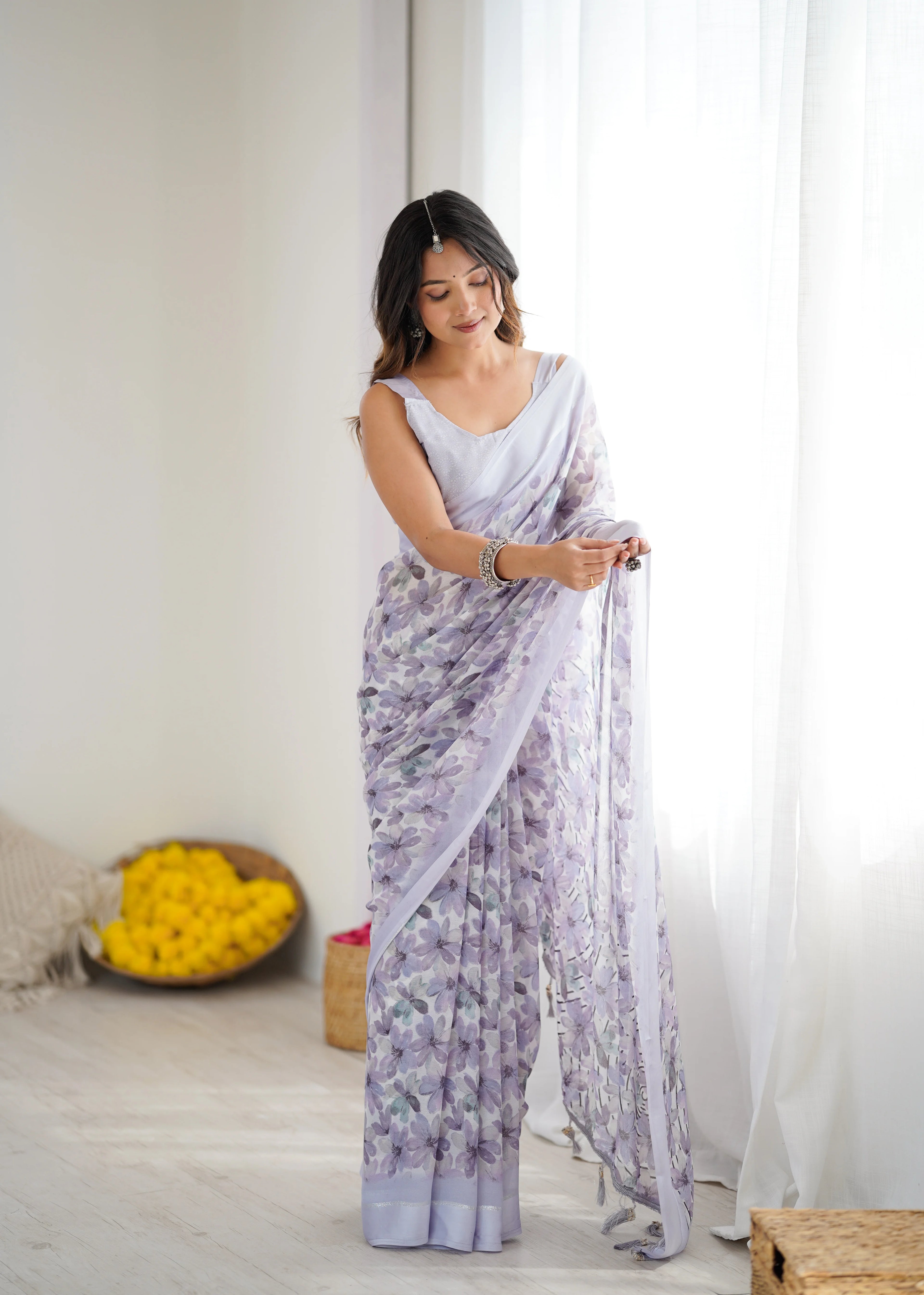 SHYAMIKA Bright Moss Satin Patta Printed Light Purple Saree with Blouse