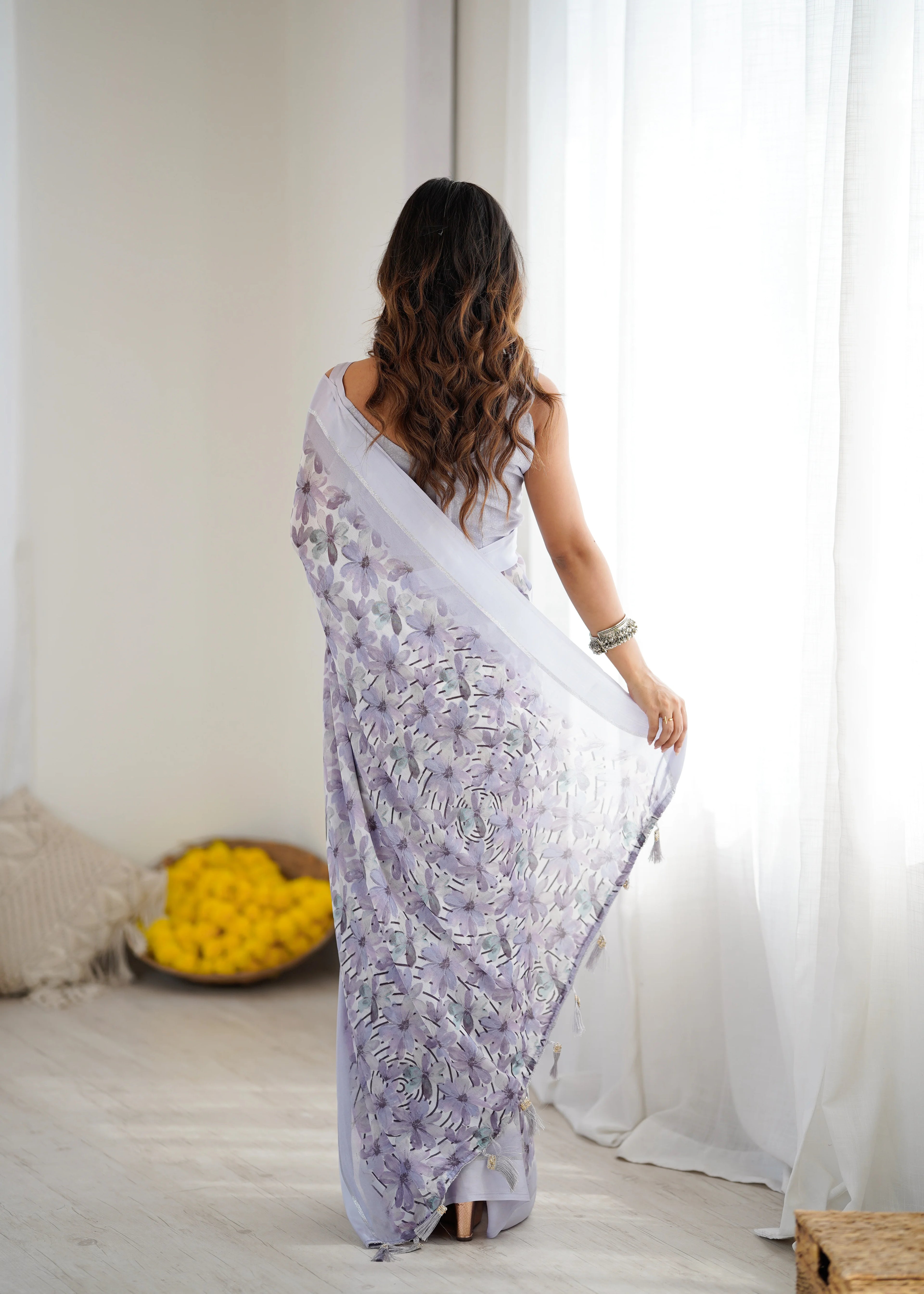 SHYAMIKA Bright Moss Satin Patta Printed Light Purple Saree with Blouse