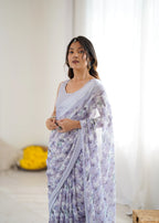 SHYAMIKA Bright Moss Satin Patta Printed Light Purple Saree with Blouse