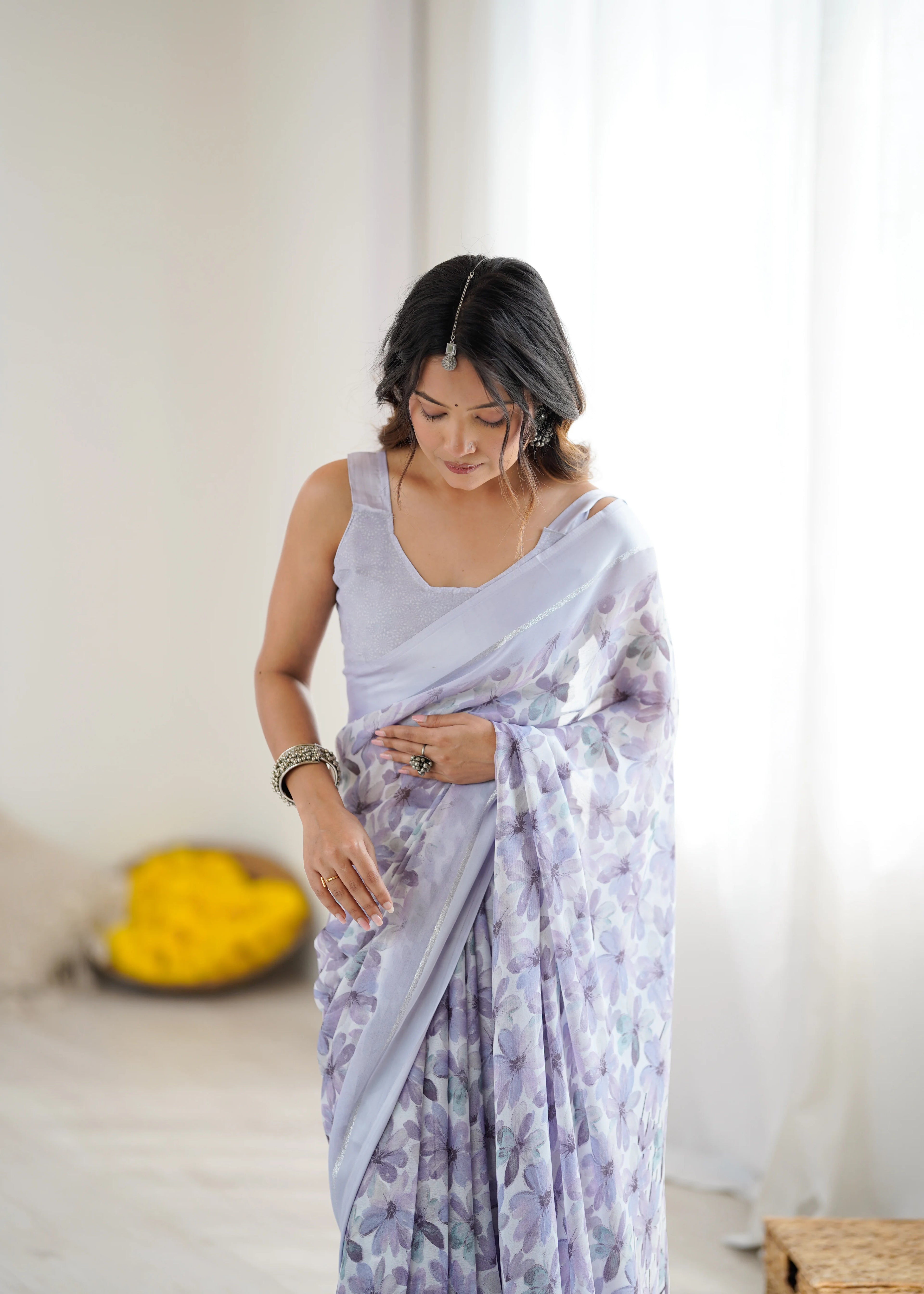 SHYAMIKA Bright Moss Satin Patta Printed Light Purple Saree with Blouse