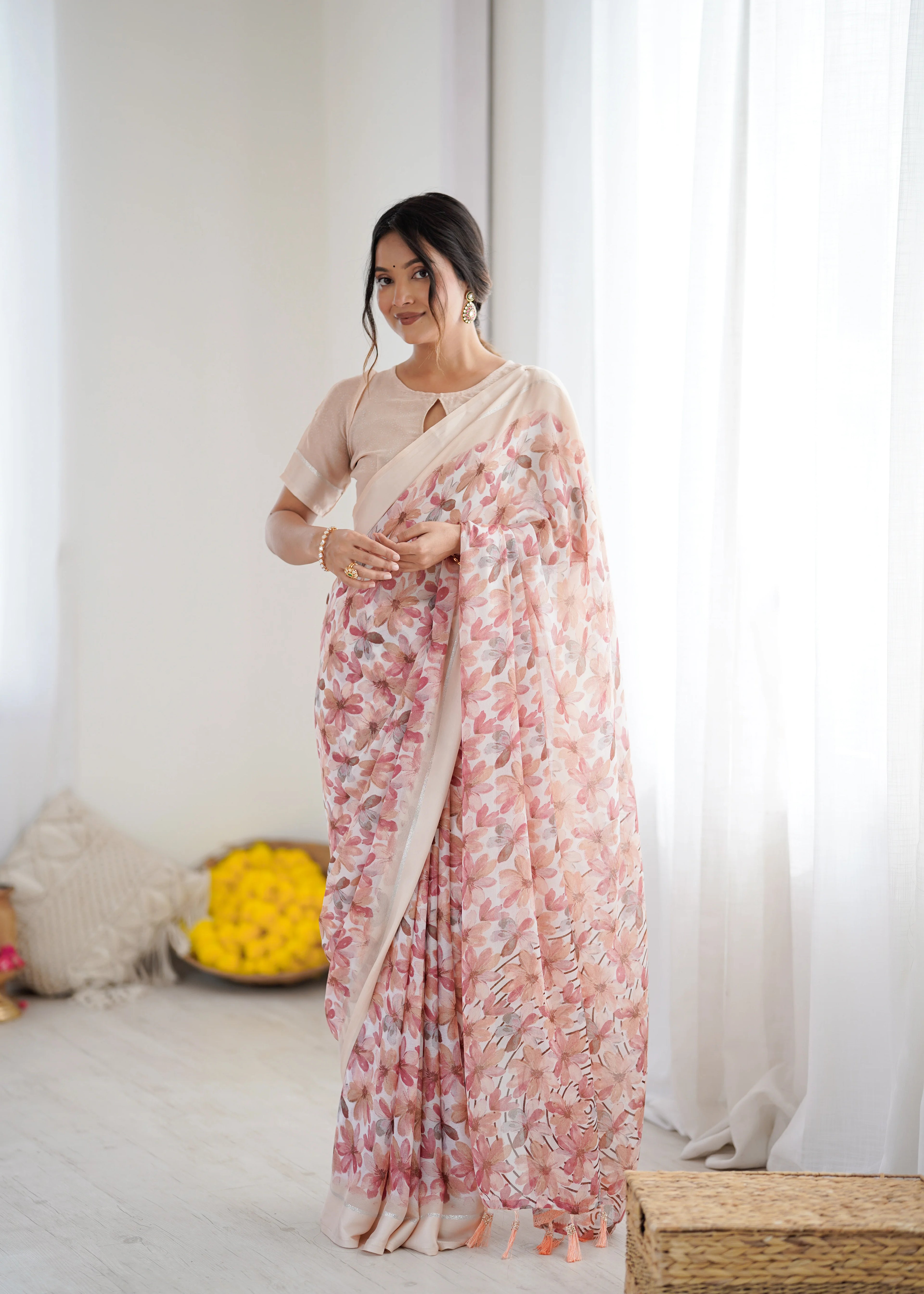 SHYAMIKA Bright Moss Satin Patta Printed Peach Saree with Blouse