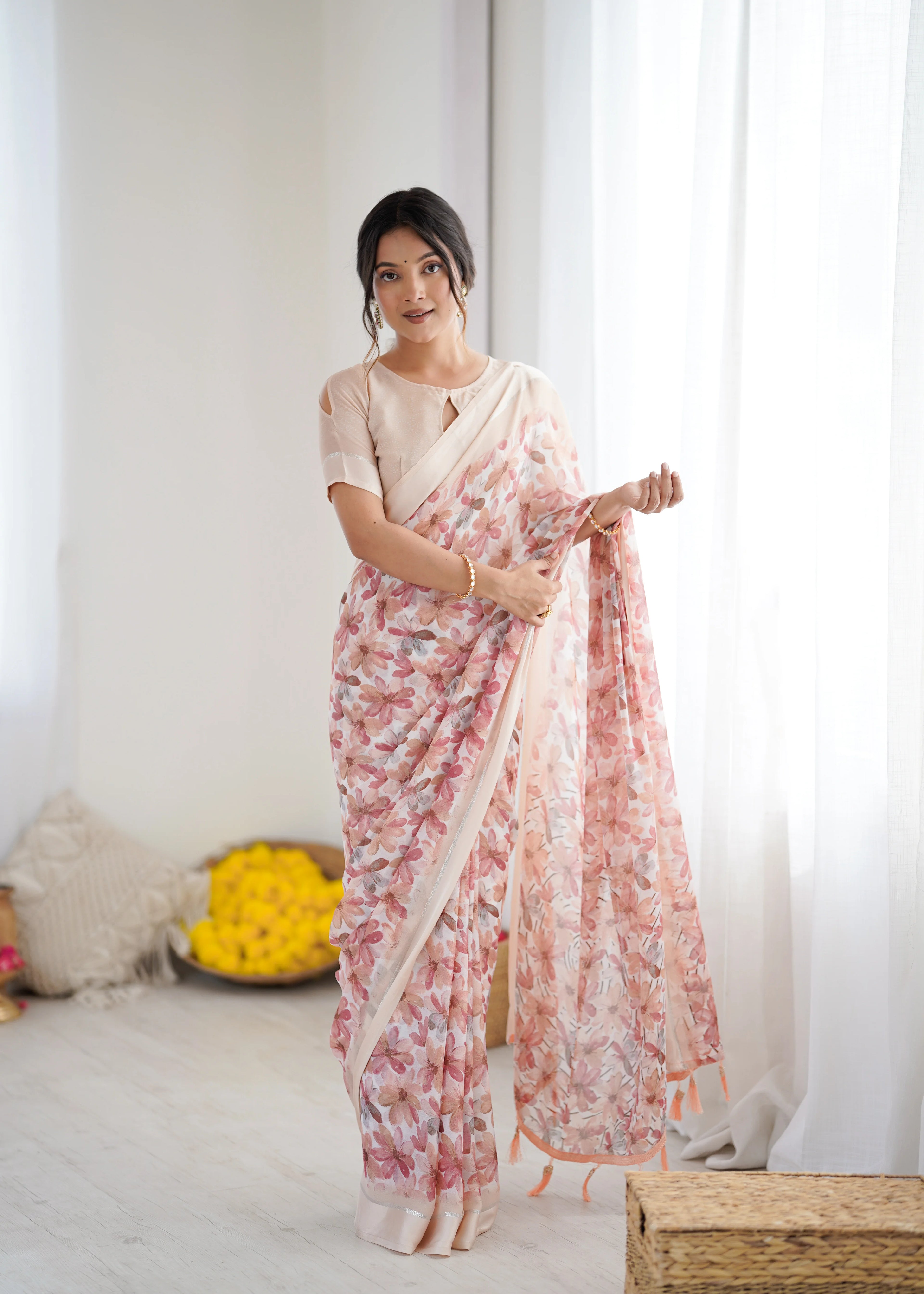 SHYAMIKA Bright Moss Satin Patta Printed Peach Saree with Blouse
