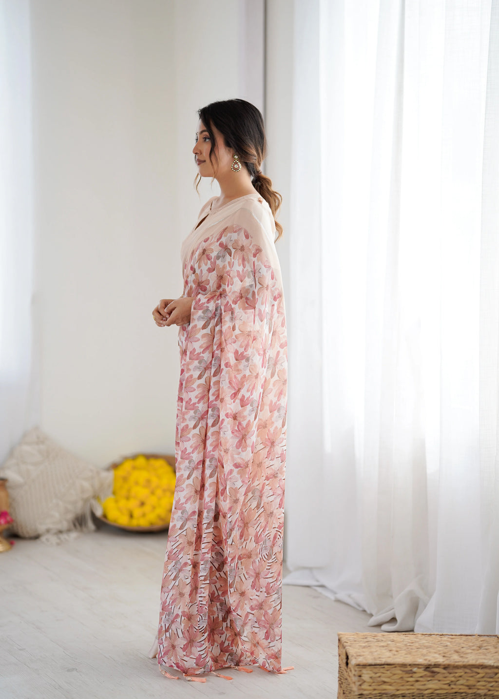 SHYAMIKA Bright Moss Satin Patta Printed Peach Saree with Blouse