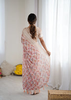 SHYAMIKA Bright Moss Satin Patta Printed Peach Saree with Blouse