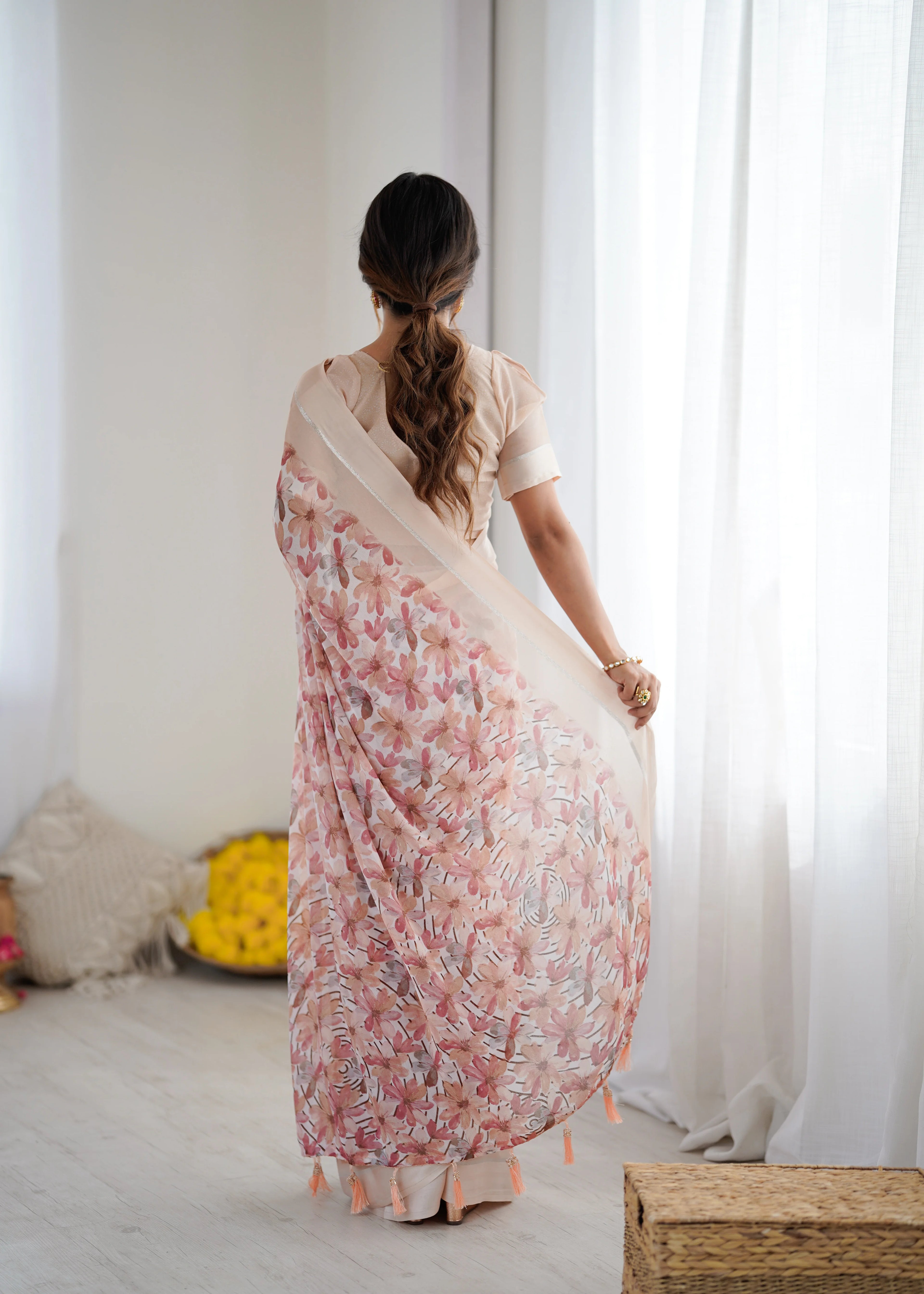 SHYAMIKA Bright Moss Satin Patta Printed Peach Saree with Blouse