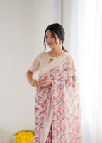SHYAMIKA Bright Moss Satin Patta Printed Peach Saree with Blouse