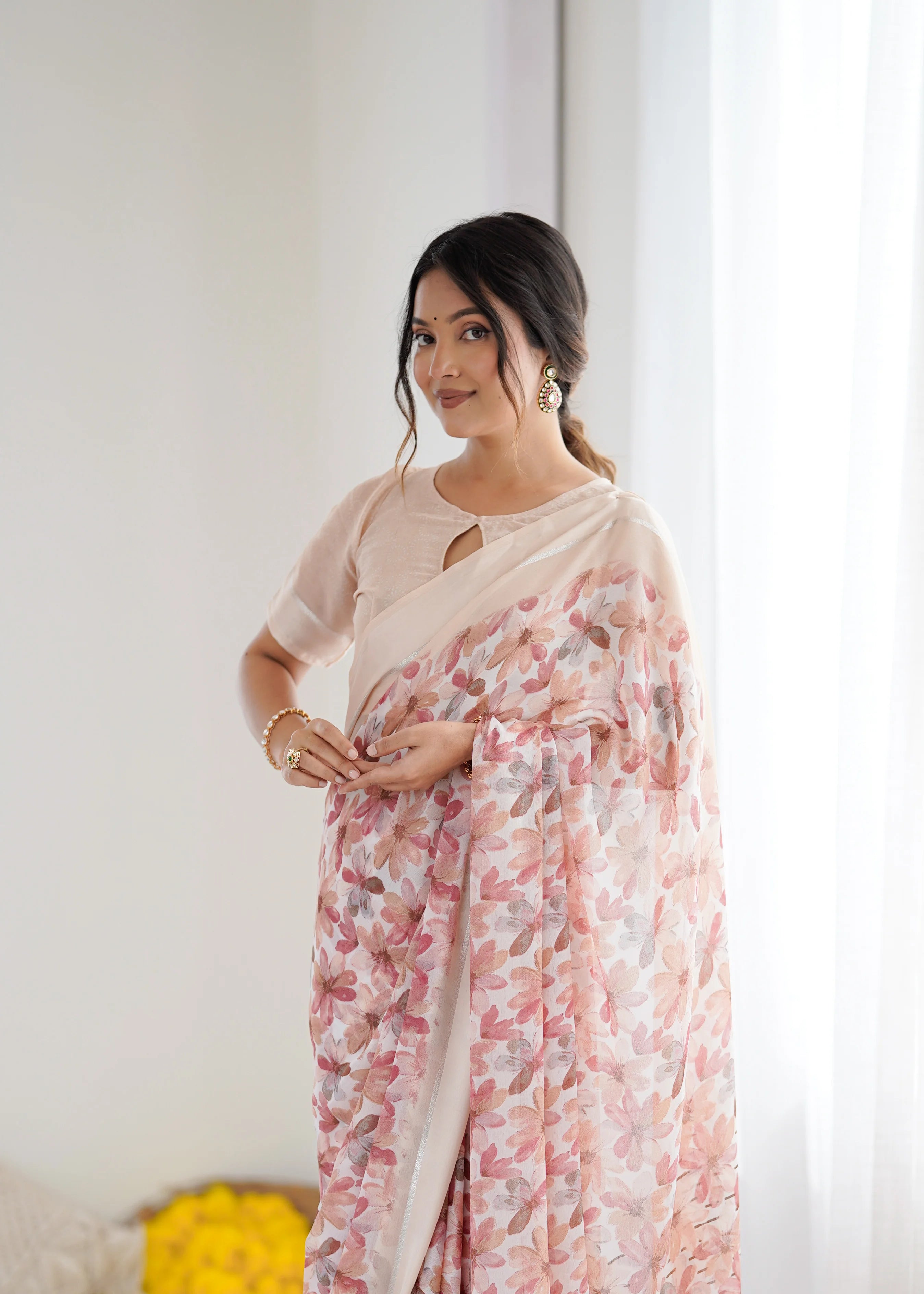 SHYAMIKA Bright Moss Satin Patta Printed Peach Saree with Blouse