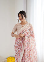 SHYAMIKA Bright Moss Satin Patta Printed Peach Saree with Blouse