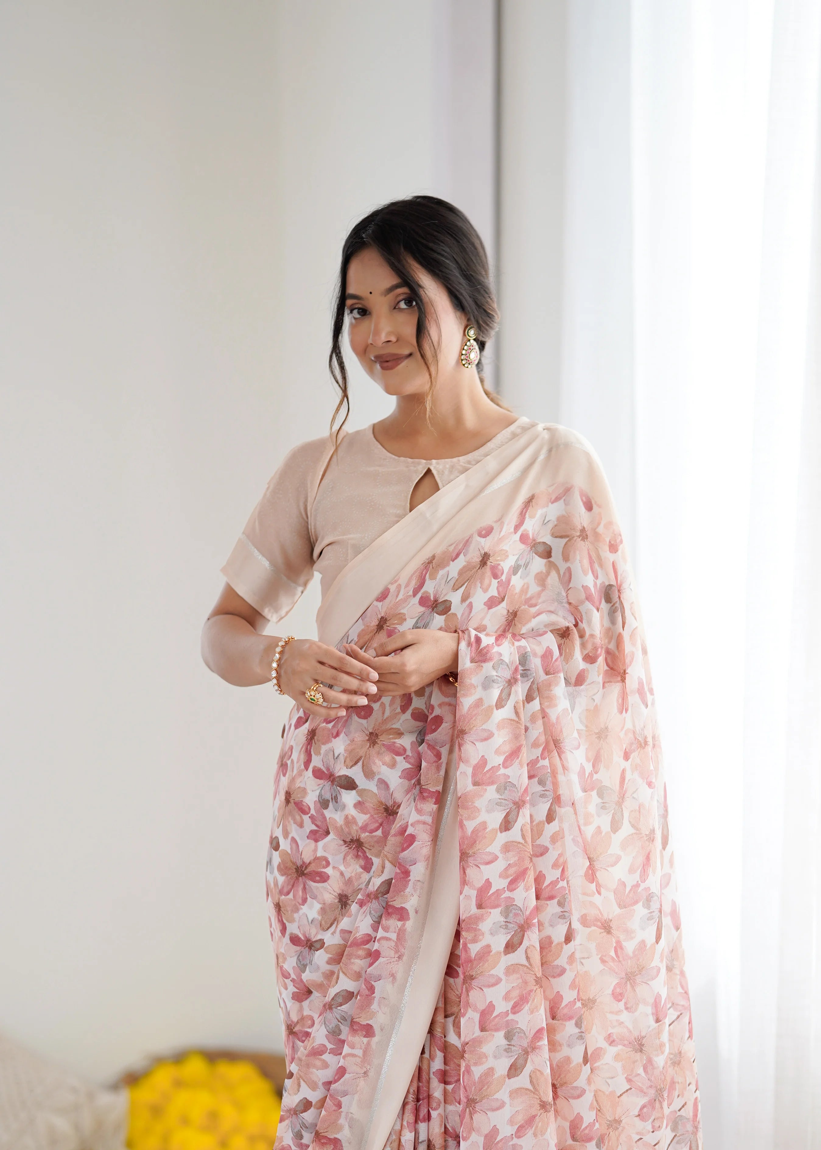 SHYAMIKA Bright Moss Satin Patta Printed Peach Saree with Blouse