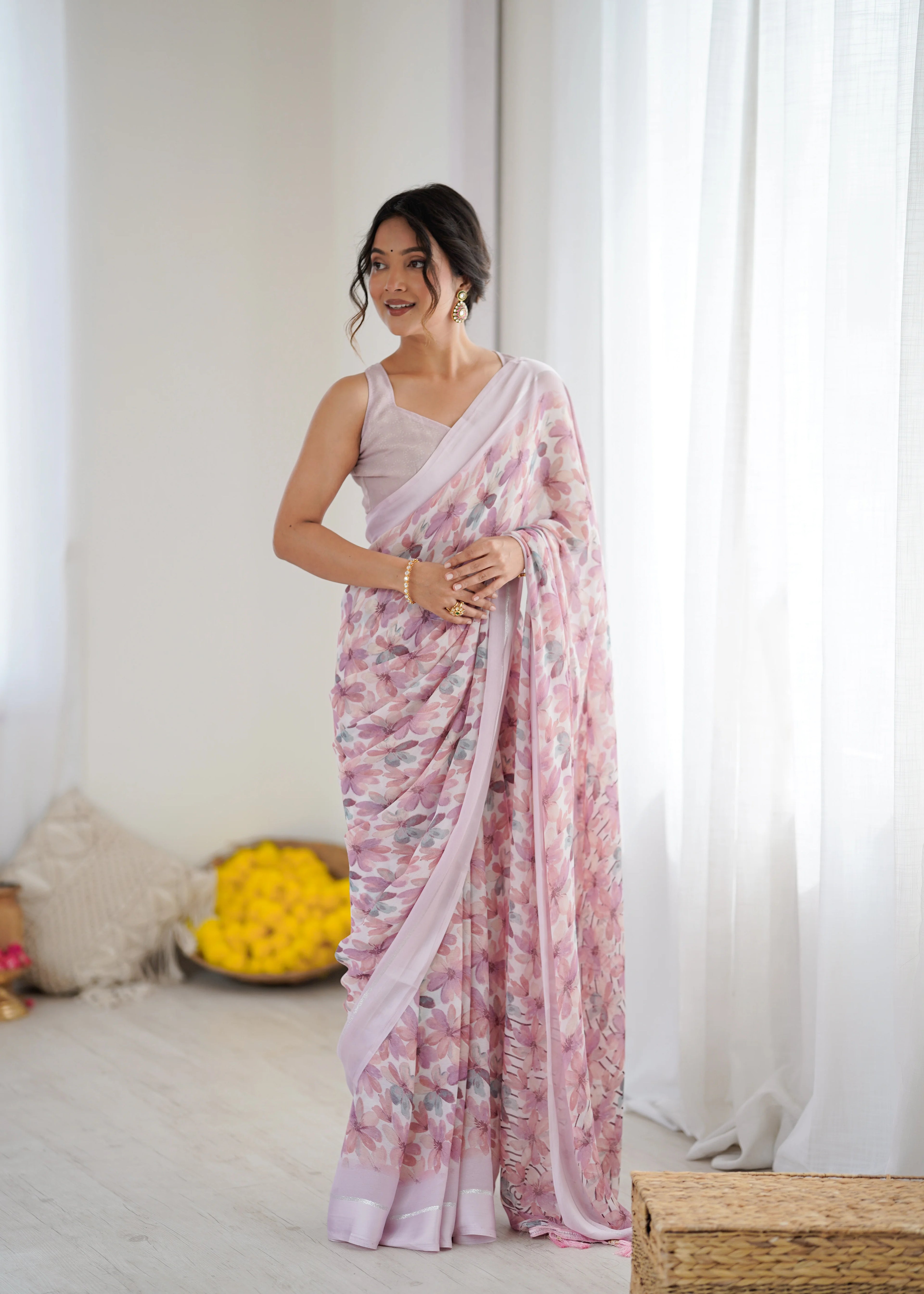 SHYAMIKA Bright Moss Satin Patta Printed Pink Saree with Blouse