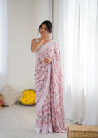 SHYAMIKA Bright Moss Satin Patta Printed Pink Saree with Blouse