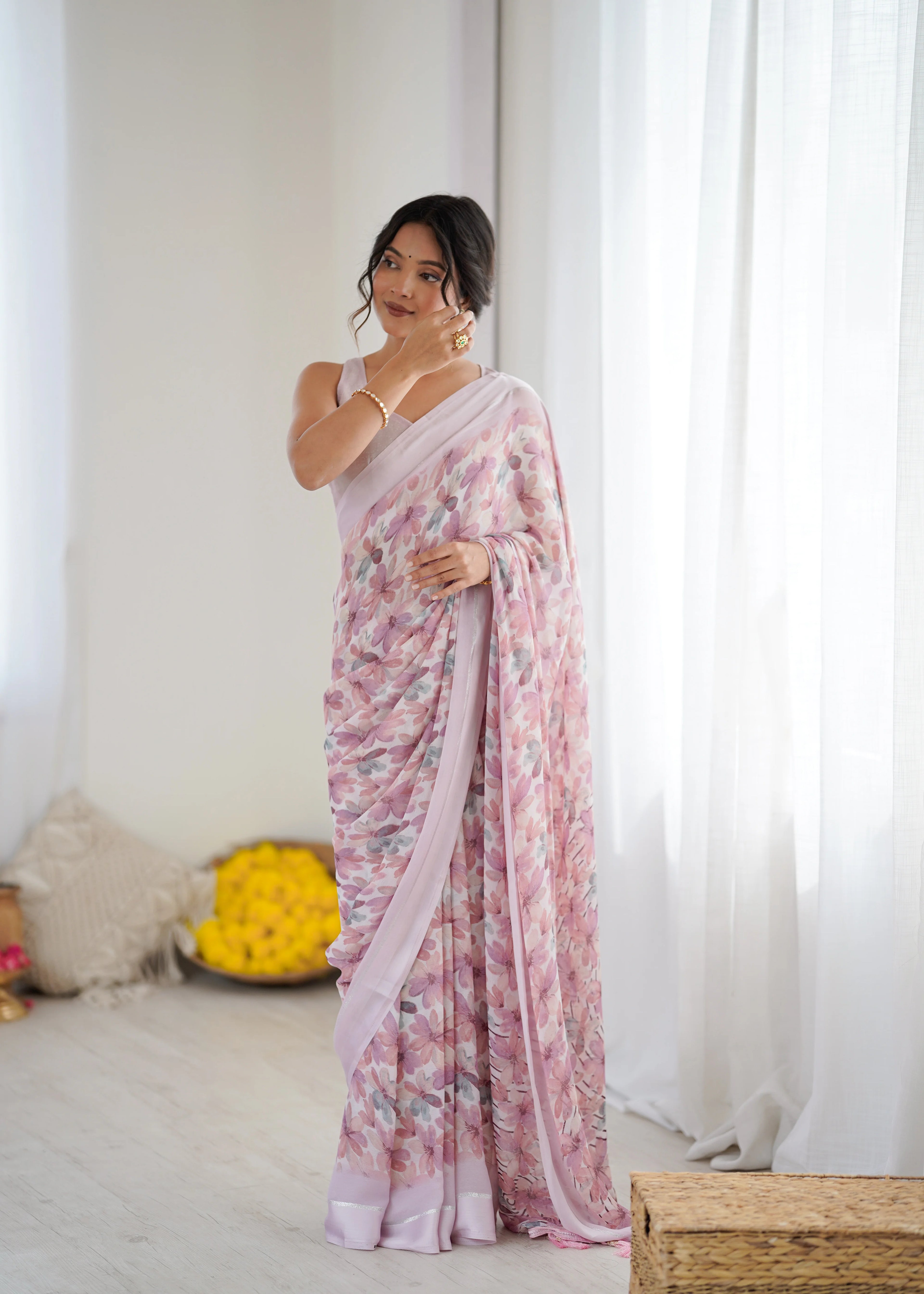 SHYAMIKA Bright Moss Satin Patta Printed Pink Saree with Blouse
