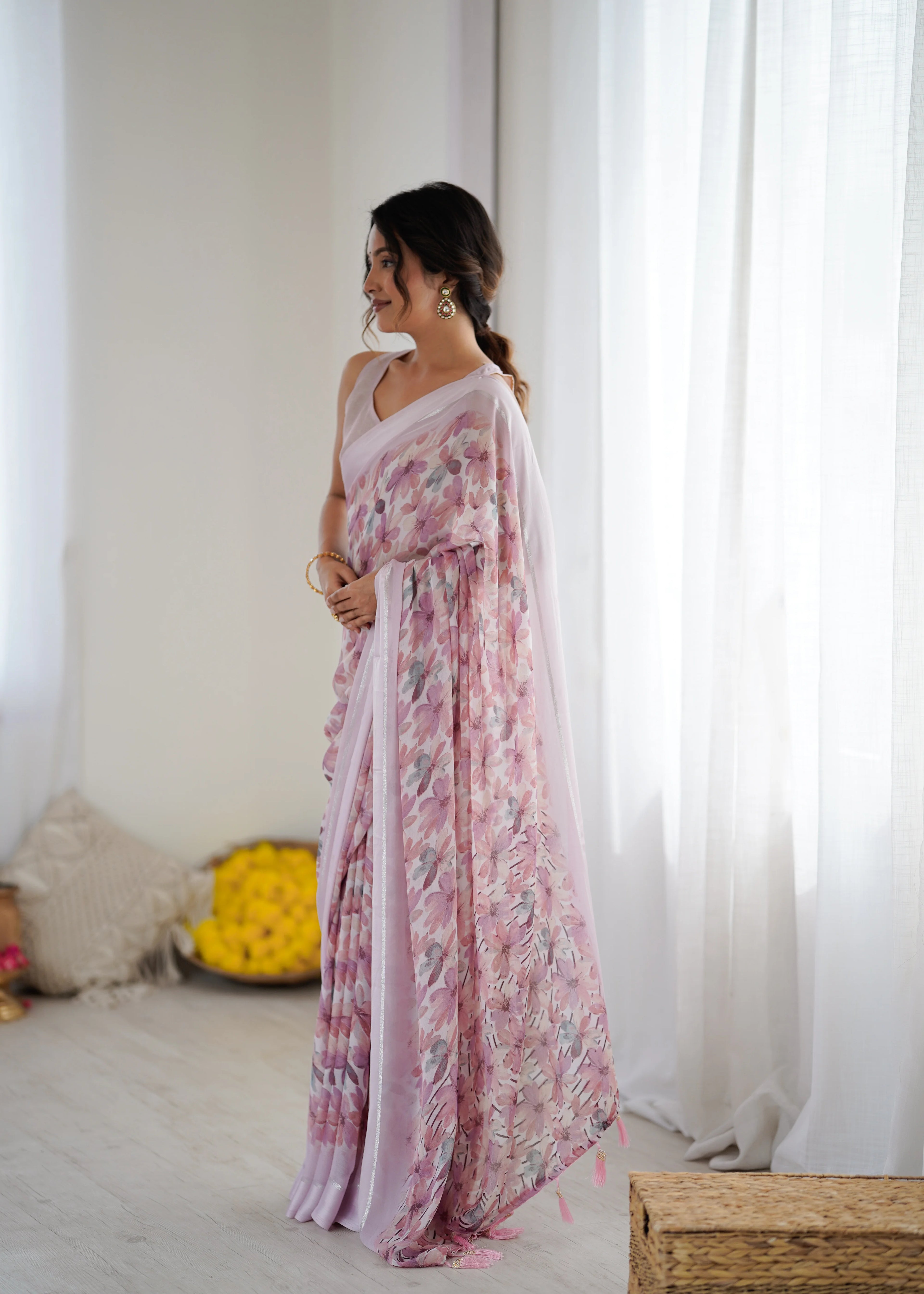 SHYAMIKA Bright Moss Satin Patta Printed Pink Saree with Blouse