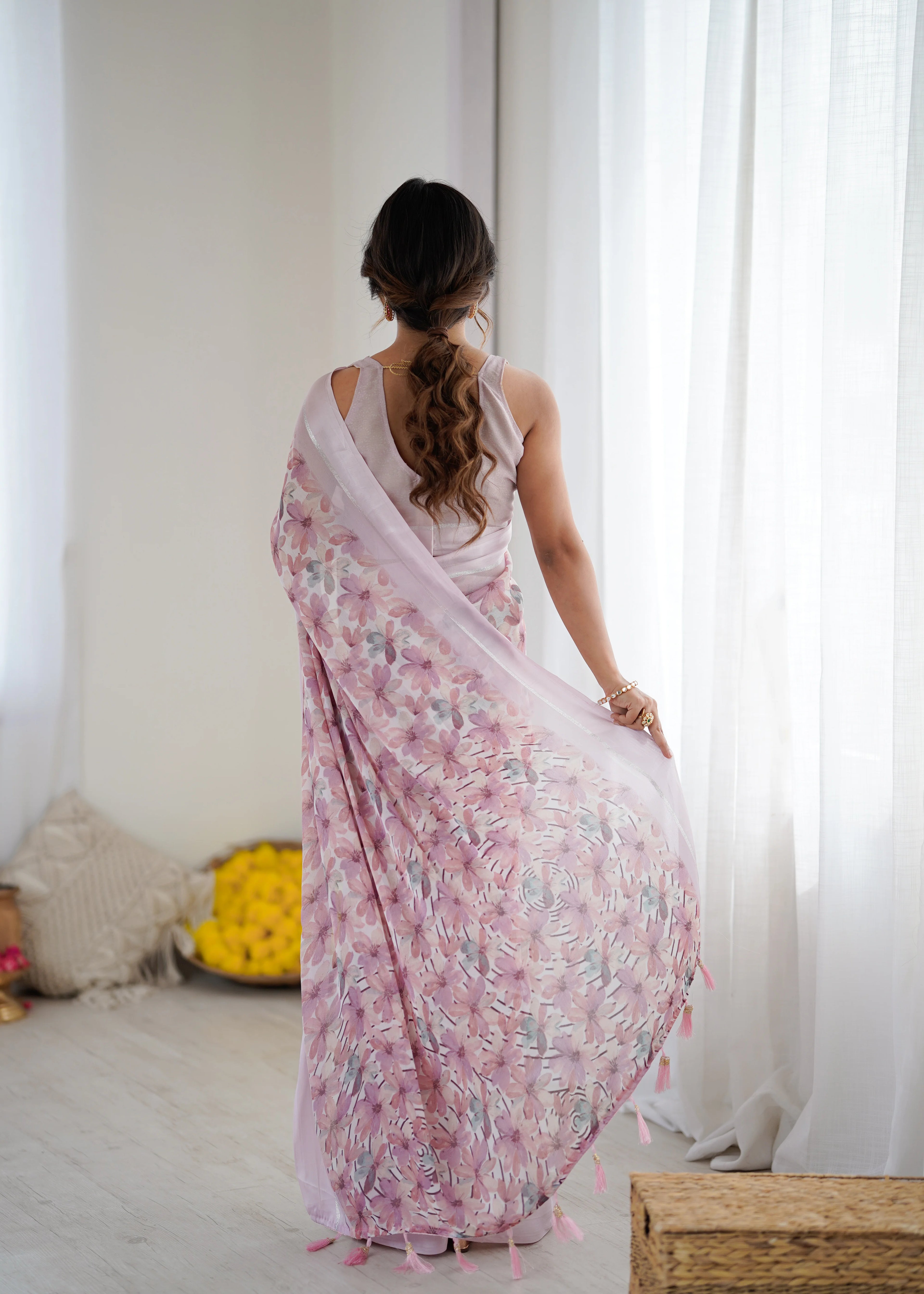 SHYAMIKA Bright Moss Satin Patta Printed Pink Saree with Blouse