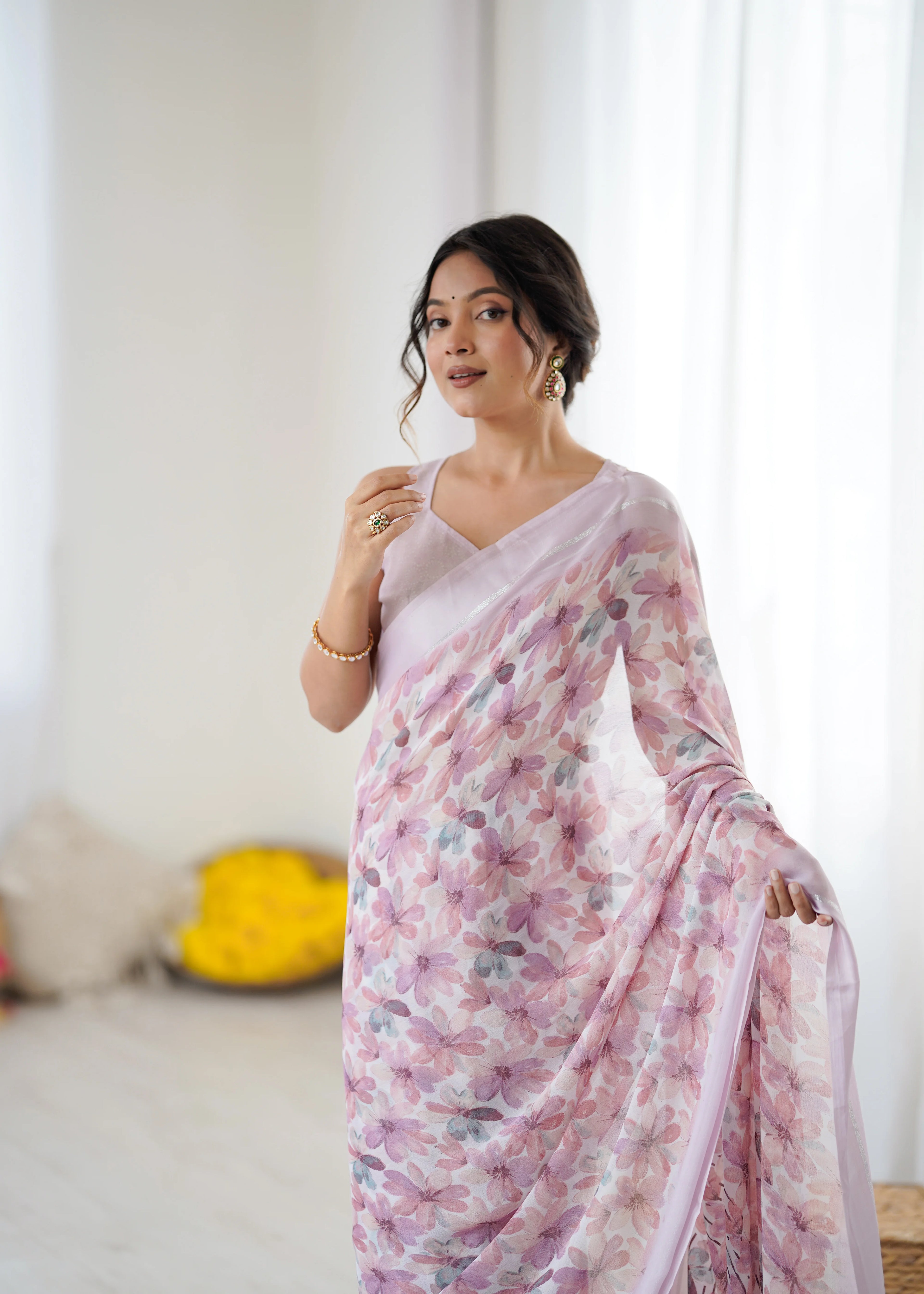 SHYAMIKA Bright Moss Satin Patta Printed Pink Saree with Blouse