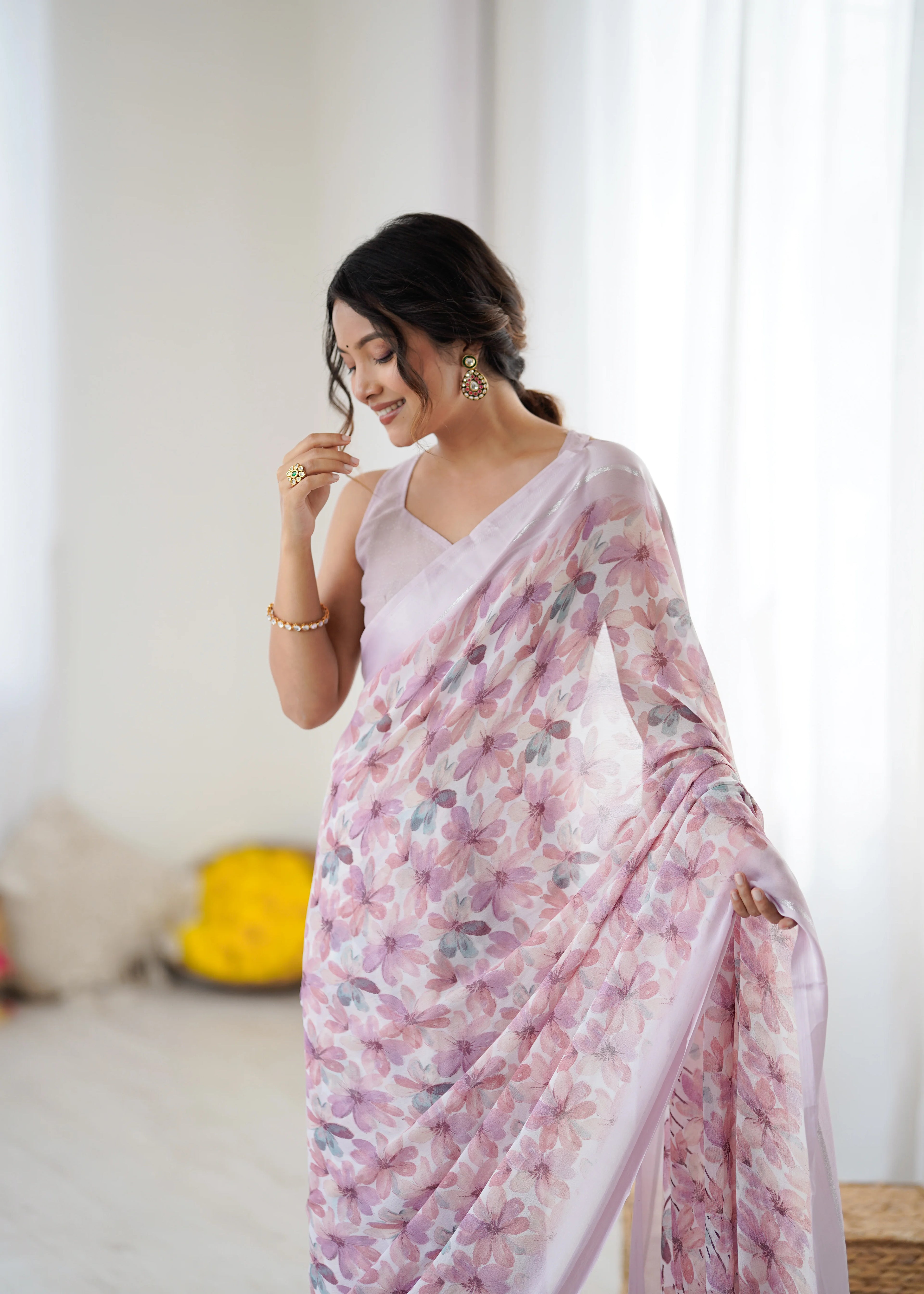 SHYAMIKA Bright Moss Satin Patta Printed Pink Saree with Blouse