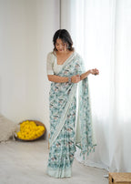 SHYAMIKA Bright Moss Satin Patta Printed Green Saree with Blouse