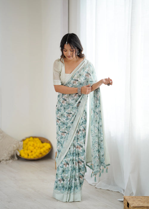 SHYAMIKA Bright Moss Satin Patta Printed Green Saree with Blouse