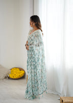 SHYAMIKA Bright Moss Satin Patta Printed Green Saree with Blouse