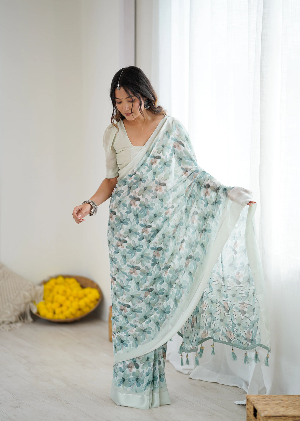 SHYAMIKA Bright Moss Satin Patta Printed Green Saree with Blouse