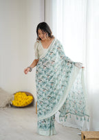 SHYAMIKA Bright Moss Satin Patta Printed Green Saree with Blouse
