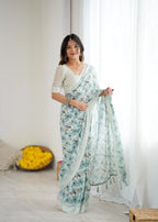 SHYAMIKA Bright Moss Satin Patta Printed Green Saree with Blouse