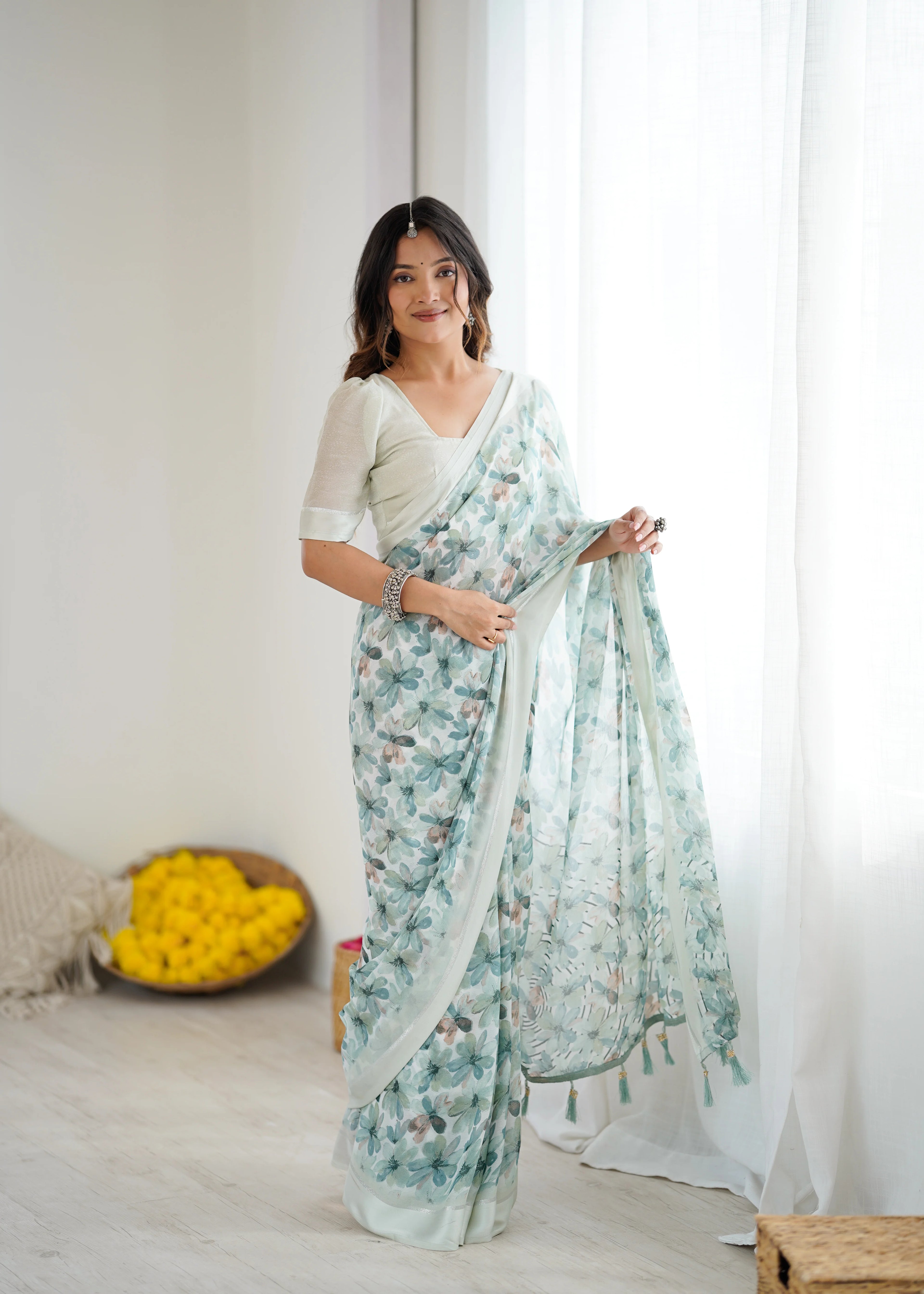 SHYAMIKA Bright Moss Satin Patta Printed Green Saree with Blouse