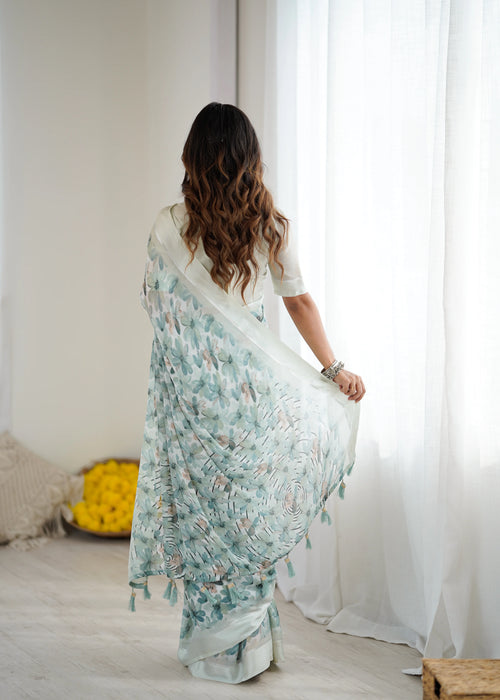 SHYAMIKA Bright Moss Satin Patta Printed Green Saree with Blouse