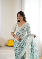 SHYAMIKA Bright Moss Satin Patta Printed Green Saree with Blouse
