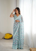 SHYAMIKA Bright Moss Satin Patta Printed Sky blue Saree with Blouse