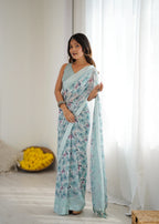 SHYAMIKA Bright Moss Satin Patta Printed Sky blue Saree with Blouse