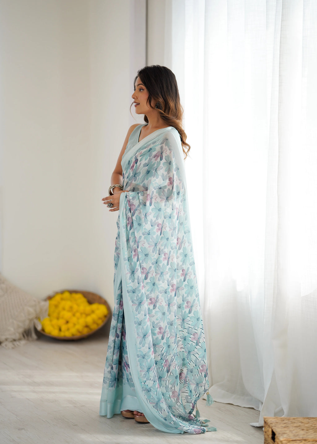 SHYAMIKA Bright Moss Satin Patta Printed Sky blue Saree with Blouse