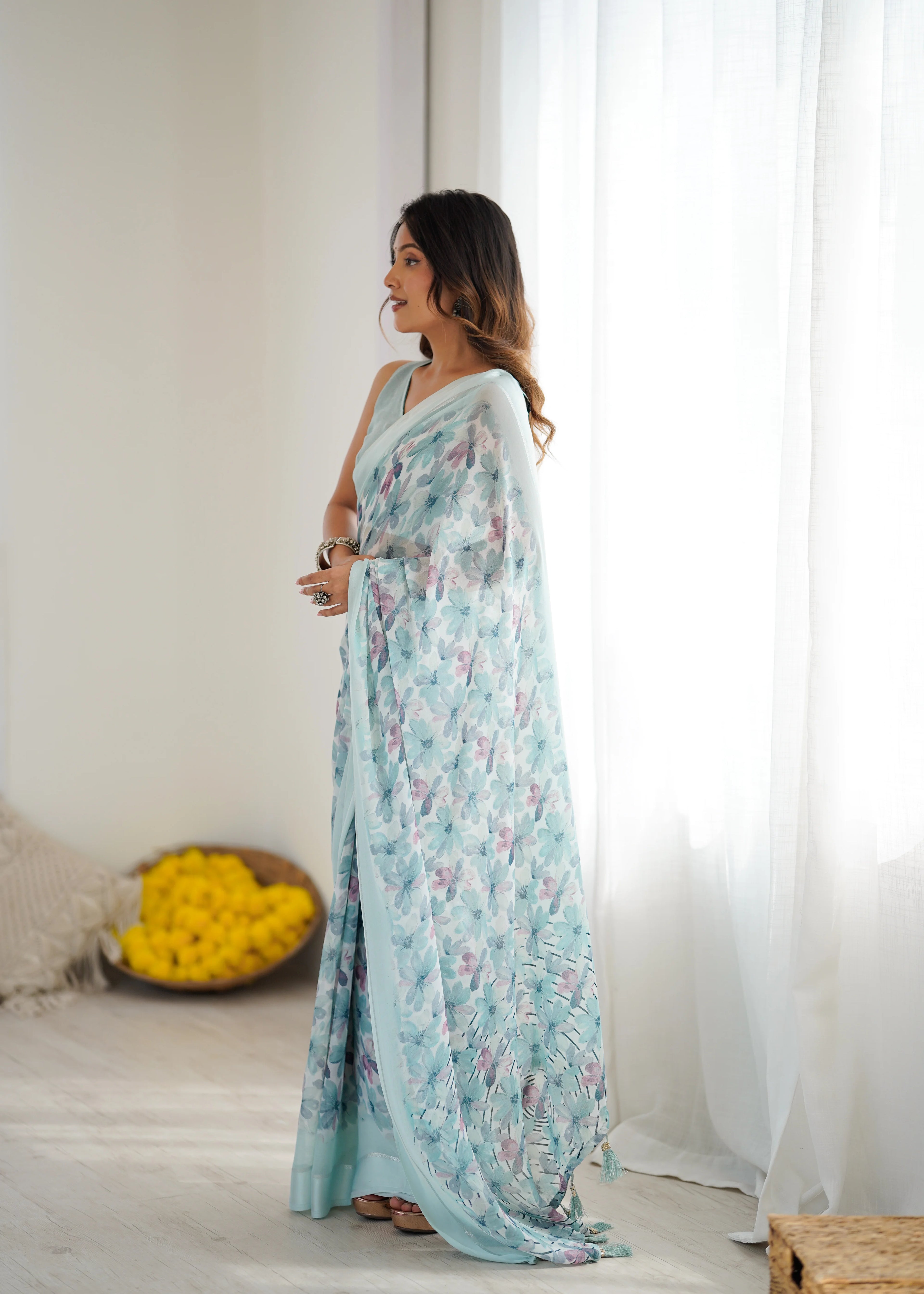 SHYAMIKA Bright Moss Satin Patta Printed Sky blue Saree with Blouse