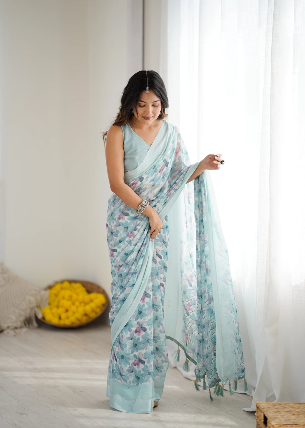 SHYAMIKA Bright Moss Satin Patta Printed Sky blue Saree with Blouse