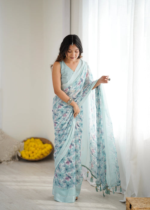 SHYAMIKA Bright Moss Satin Patta Printed Sky blue Saree with Blouse