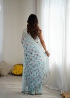 SHYAMIKA Bright Moss Satin Patta Printed Sky blue Saree with Blouse