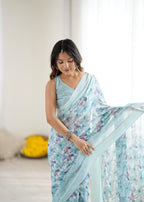SHYAMIKA Bright Moss Satin Patta Printed Sky blue Saree with Blouse
