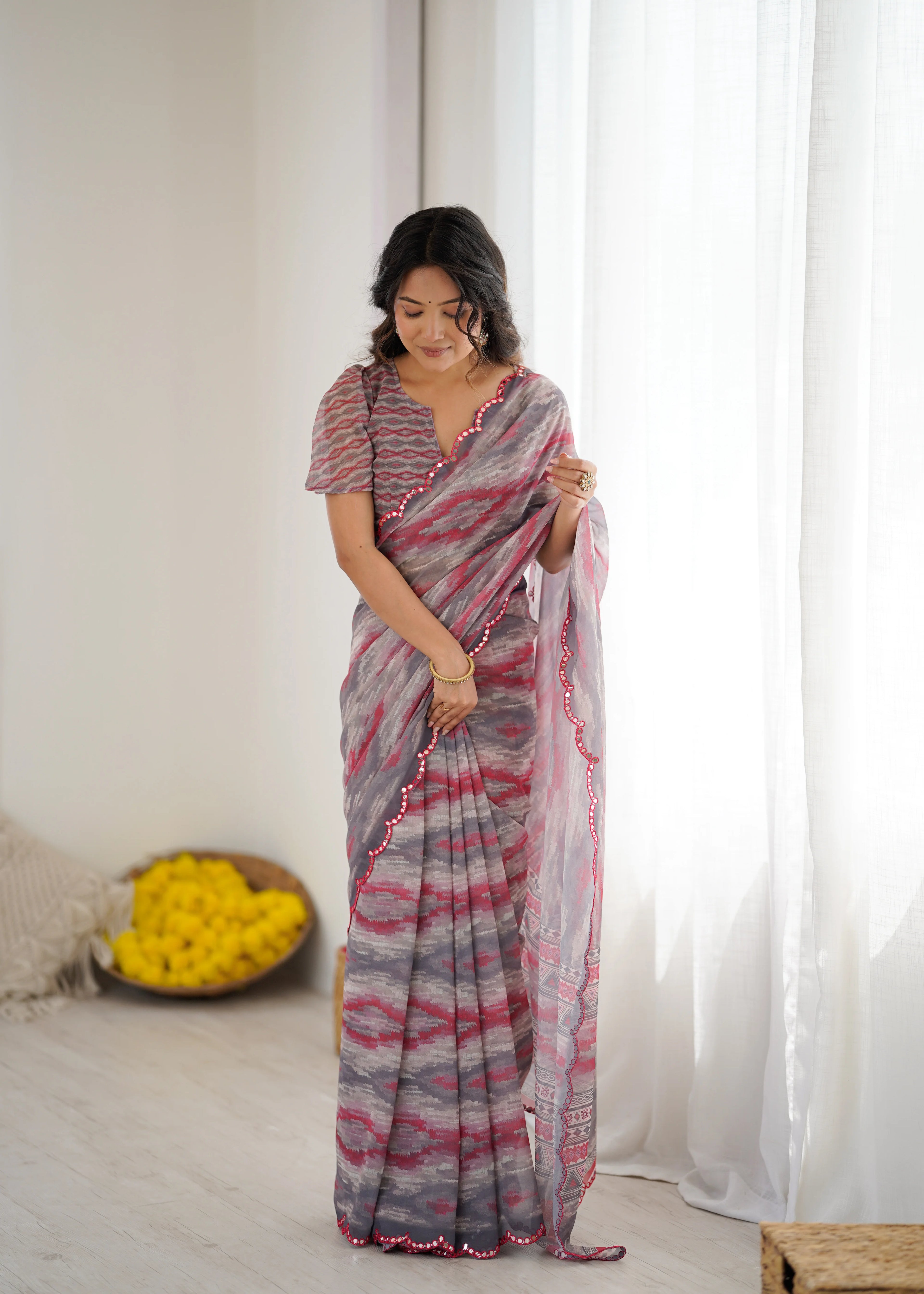 SHYAMIKA Grey Digital Printed Georgette Saree with Mirror Work & Blouse