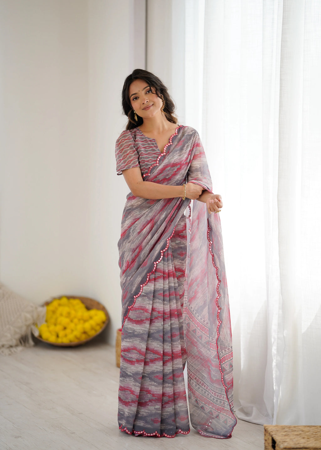 SHYAMIKA Grey Digital Printed Georgette Saree with Mirror Work & Blouse