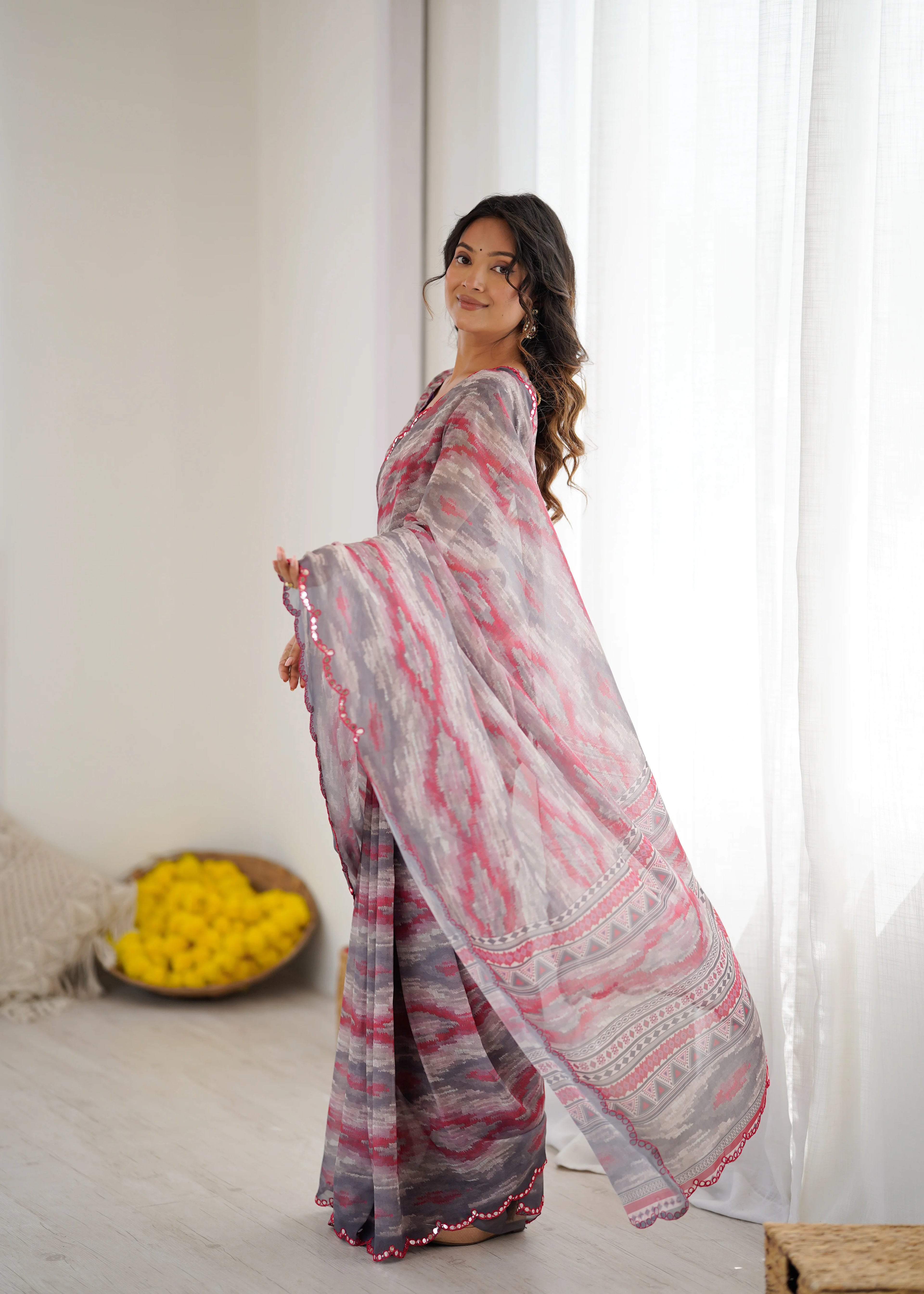 SHYAMIKA Grey Digital Printed Georgette Saree with Mirror Work & Blouse
